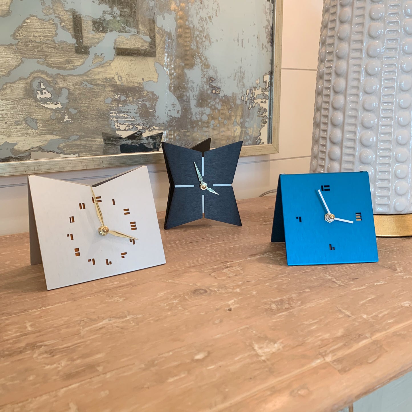 The KittyKat Clock Modern Desk Clock in aqua, jet black and mid-century gold